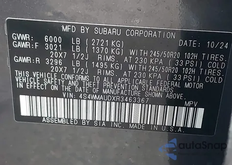 2024 Subaru Ascent Limited 7-Passenger from USA, damaged, VIN 4S4WMAUDXR3463367